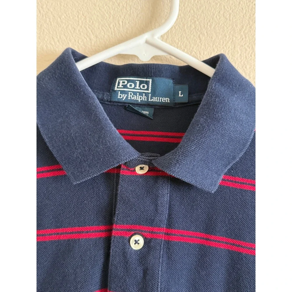 Polo Ralph Lauren Mens Large Navy Blue Red Striped Short Sleeve Pique Polo Shirt
